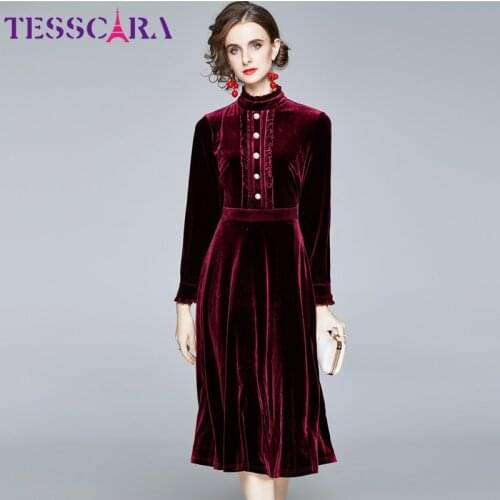 TESSCARA Women Autumn & Winter Elegant Velvet Dress Festa High Quality Long Vintage Office Party Robe Femme Designer Vestidos