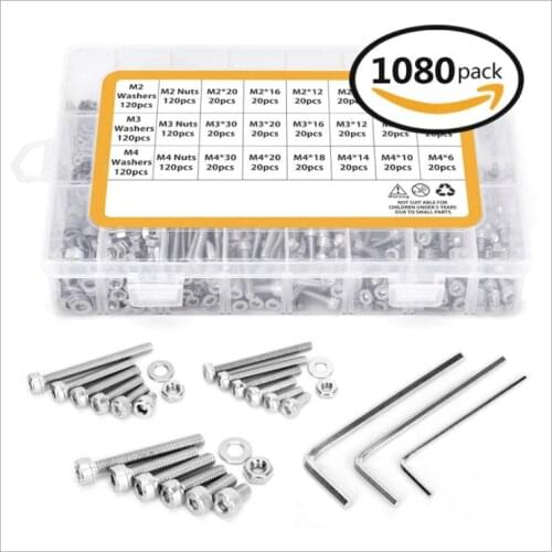 1080pcs/Lot M2/M3/M4 304 Stainless Steel Hexagon Socket Head Cap Socket Screws Hex Bolt Nuts and Washers Set with Allen Key