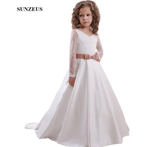 Lace Long Sleeve Flower Girl Dresses With Sequins A-line V-neck Long Satin Children Wedding Party Dress robe fille FLG112