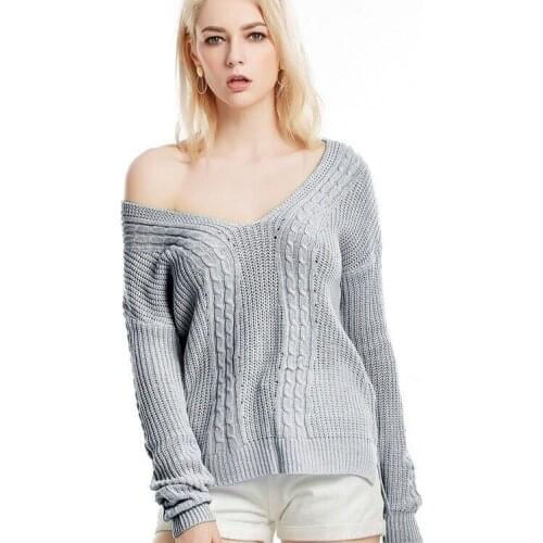 FNOCE 2020 winter new womens sexy sweater fashion casual trends solid v-neck long sleeve loose knitted sweater
