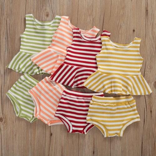2Pcs Infant Baby Girls Casual Sleeveless Striped Ruffle Top Shirts+ Short Pants Outfits