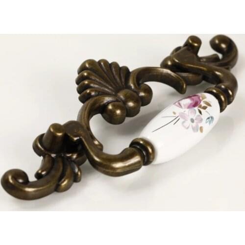 Continental retro gold flower door rings handle Bookcase wardrobe pull knobs Ceramic Drawer Handle American cabinet door handles
