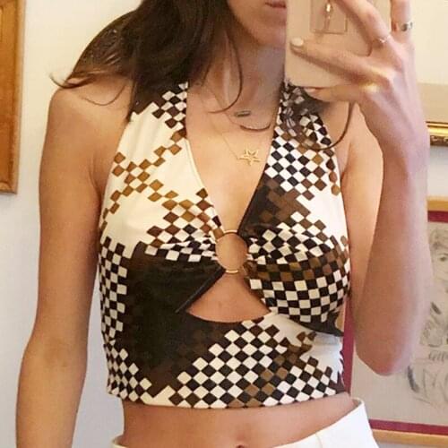 Women Fashion Plaid Tank Tops Summer Female Casual Sexy Hollow Out V-Neck Halter Vest Tops