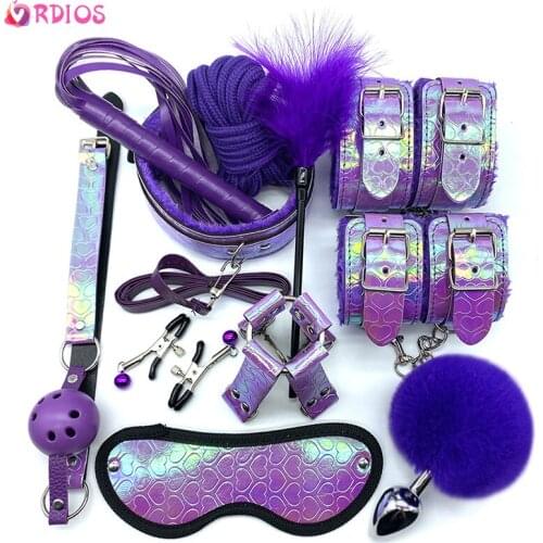 VRDIOS BDSM Sex Bondage Set Handcuffs Nipple Clamps Gag Whip Sex Products Rope Erotic Toys for Adults Women Anal Butt Plug Tail