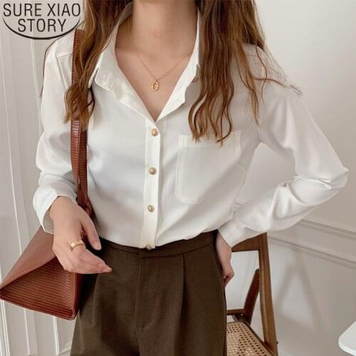Vintage Women Shirt 2021 Spring White Shirt Long Sleeve Office Ladies Tops Chiffon Shirts Plus Size Clothing Pocket Shirts 13166