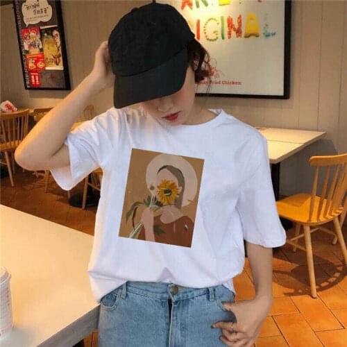 Women T Shirt 2021 Summer Short Sleeve White Tshirt Oil Painting Korean Fashion Aesthetic Tees Female Ladies Girls Top Clothes