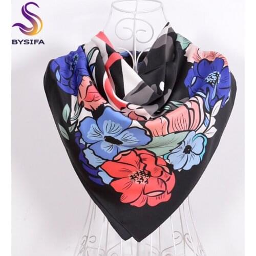 [BYSIFA] Women Matt Satin Square Scarves Printed 2016 New Design Winter Navy Blue Flowers Leopard Silk Scarf Spring Silk Muffler