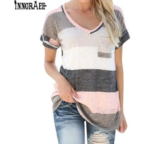 Summer Ladies New Loose Fashion Short-sleeved V-neck T-shirt 2018 Summer Striped Print Womens T-shirt Tops NS3884