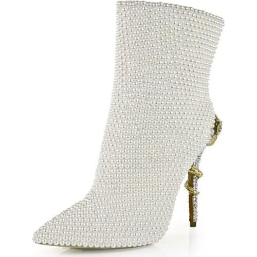 Autumn Fashion Women Shoes Pointed Toe Side Zipper Genuine Leather For Women Party Nightclub Shoes Bead Crystal Decoration White