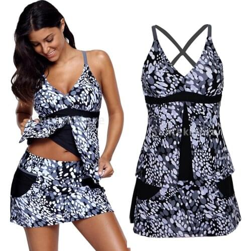 Womens Ladies Large Oval Print Push Up Tankini Set Skirt Two Pieces Summer Beach Swimming Costume Swimsuit
