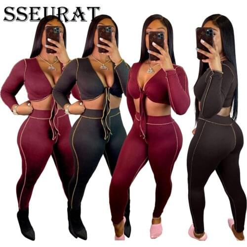SSEURAT Women Set Solid Full Sleeve V-neck Bandage Crop Tops Stretchy Pencil Pants Two 2 Piece Set Tracksuit Fall Outfit