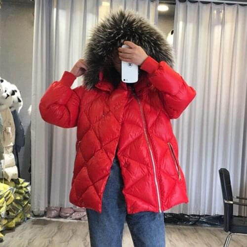 90% color Pure white duck down jacket 2021 new High quality women coat winter hooded with real raccoon dog fur collar oversized