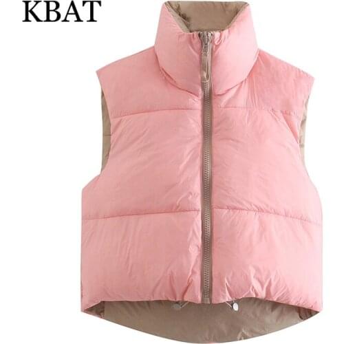 KBAT Winter Double-sided Stand Collar Cropped Vests Women Elegant Solid Zipper Sleeveless Coats Women High Waisted Outerwear