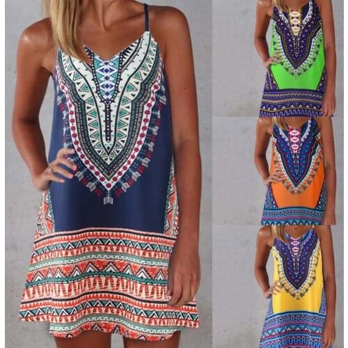 2021 Women Bohemia Floral Short Dress Summer Digital Printing Spaghetti Strap Dress Sexy V Neck Plus Size Loose Dress for Dating