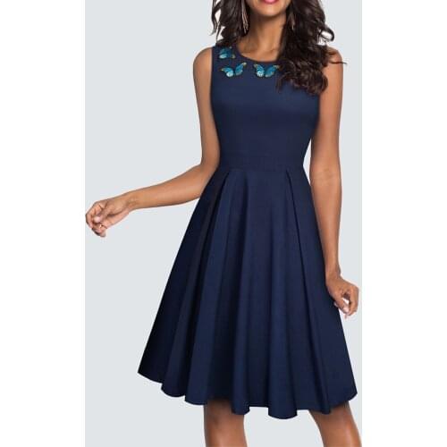 Women Casual Sleeveless Solid Swing A-line Dress Vintage Summer Butterfly Appliques Round Neck Pleated Party Dress HA089