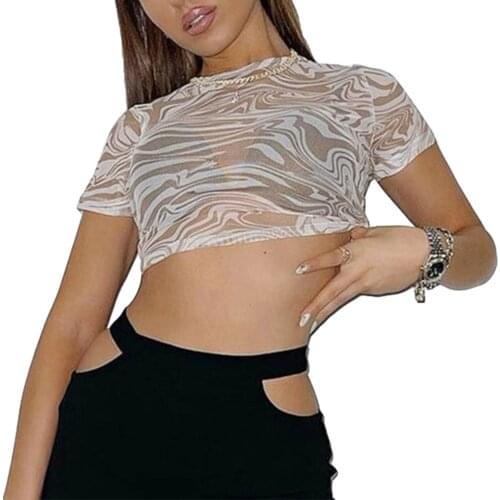 2021 Fashion Water Ripple Print See Through Mesh Tops T-shirt Women Sexy Short Sleeve O Neck Slim Fit Crop Top Bikini Cover Ups