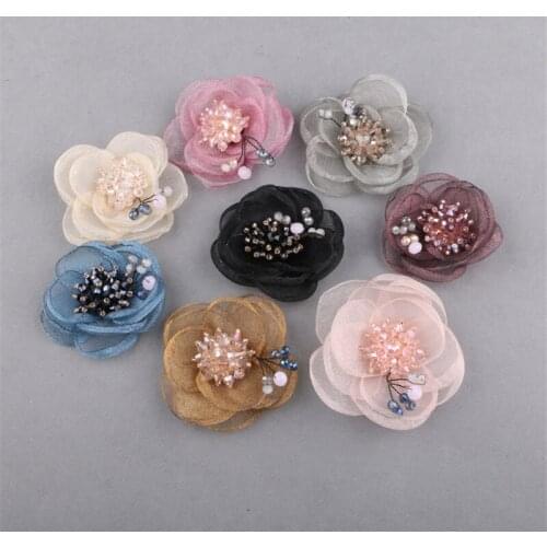 Free Shipping 10PCS/Lot Floral Crystal Rhinestone Core Decorated Chiffon Flowers Button Patch Sticker Craft Fit Girls Hair Clips