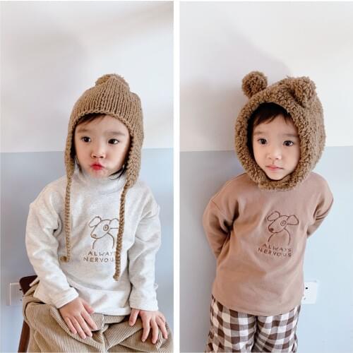 Kids Long Sleeve T Shirt Autumn Winter Korean Girls Boys Turtleneck Plus Velvet Tops Toddler Cartoon Cotton Warm Bottoming Shirt