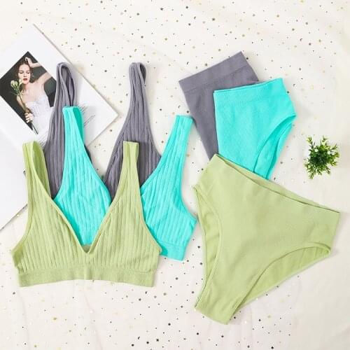 2PCS Bra Set Women Underwear Seamless Bra Tops Deep V Ribbed Low Back Bralette Sexy Lingerie Female Fashion Brassiere Set