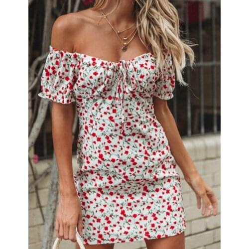 Boho Summer Dresses Women Lady Little flowers print Bodycon Strapless Mini Dress Short sleeve Off shoulder Party Casual Clothes