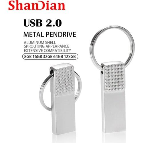 SHANDIAN Keychain Metal Silver USB Flash Drive 4GB 8GB 16GB 32GB 64GB Real Capacity Flash Disk 2.0 Custom LOGO Wholesale