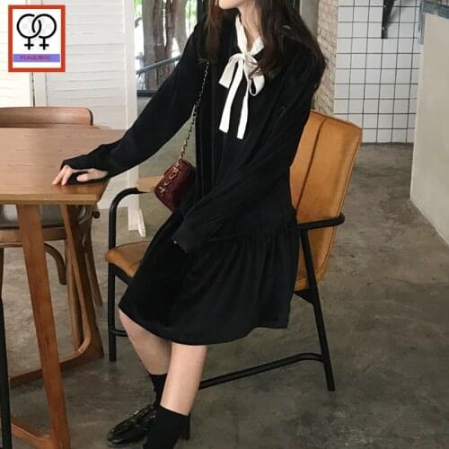 Cute Sweet Dresses Hot Sales Women Fashion Long Sleeve Casual Little Black Two Way Side Wear Bow Tie Black Ruffled Dress 2501