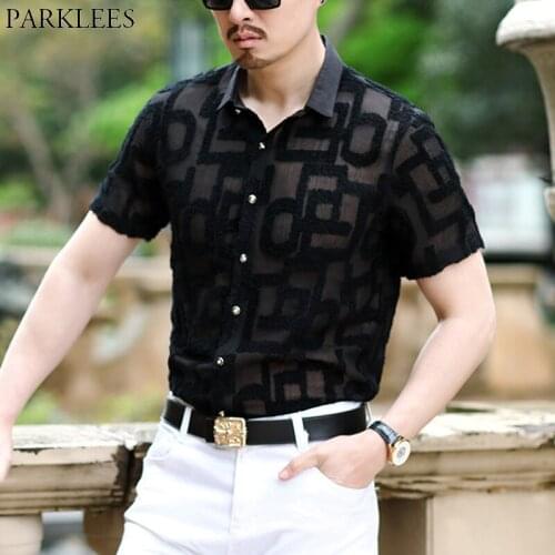 Luxury Mens Geometric Embroidery Lace Shirts 2020 Sexy New Slim Fit See-through Shirt Men Party Event Prom Social Shirt for Male
