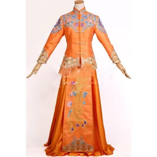 Orange Delicate Embroidery Phoenix Traditional Chinese Wedding Hanfu Bride Costume Xiu He Fu for Wedding TV Play Photography