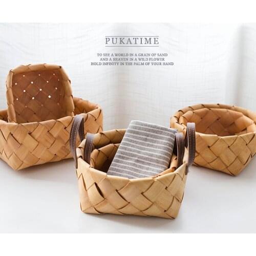 Original Wood Veneer Storage Baskets Hand-woven Japan Style Creative for Fruit Bread Food Picni Basket Compartment Basket