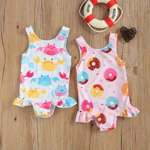 0-3Y Baby Newborn Girl One-Piece Breathable Swimsuit A Cute Crab/Donut Print Holiday Swimsuit for Kids in Summer