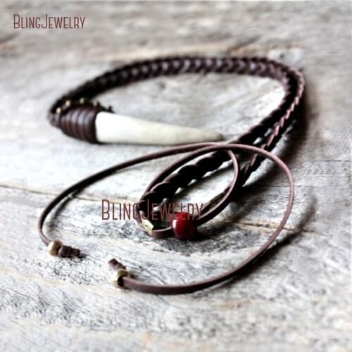 Ox Bone Horn Tusk Pendant Necklace Dark Brown Braided Leather Necklace NM19254