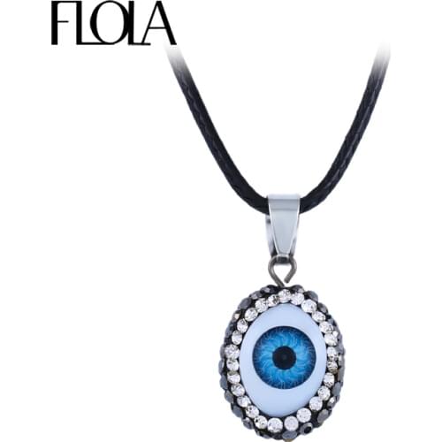 FLOLA Evil Eye Charms & Pendant Leather Chain Necklace Women Handmade Vintage Blue Beads Eye Necklace Ethnic Jewelry Gift nken73