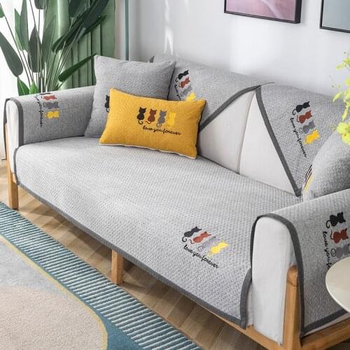 Cotton Linen Sofa Cover Towel Living Room Four Season Combination Solid Color Couch Cushion Embroidered Cat Pattern Non Slip