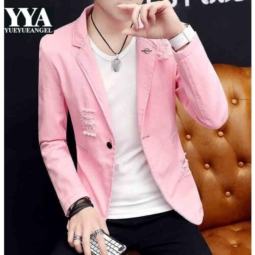 Casual Men Blazer Autumn New Slim Single Button Frayed Denim Jacket Student Stage Clothes Personality Pink Work Cowboy Coat 3XL