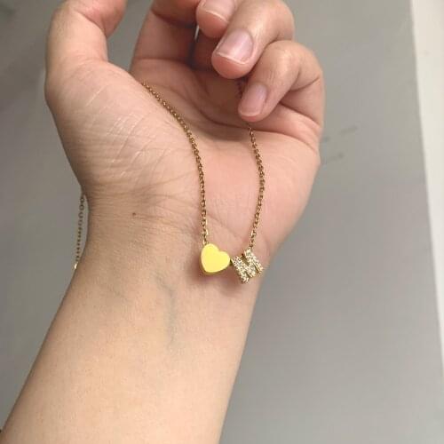 Simple Small Name Initial Letter with Heart Necklace & Pendant Trendy Gold Color CZ Alphabet Charm Stainless Steel Chain
