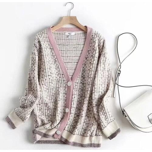 Spring Womens Long Sleeve Check Knitted Sweater Cardigan Leisure Straight Outer Shawl Single-Breasted Embroidered Sweater Z522