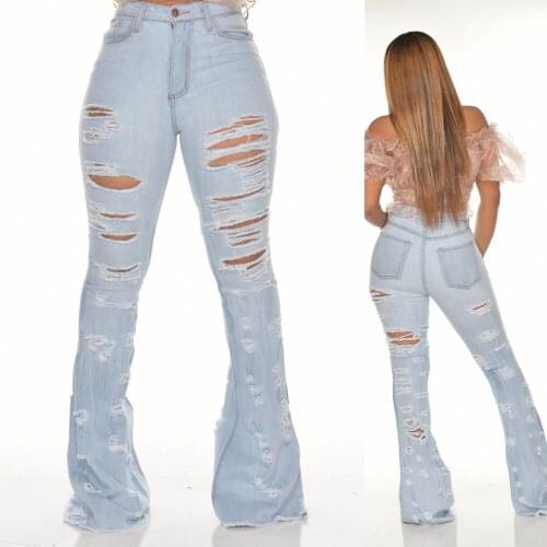 Women Street Denim Flare Jeans Ladies Hole Long Jeans Sexy Skinny High Waist Pants Skinny Mom Jeans Woman Tassel Trousers