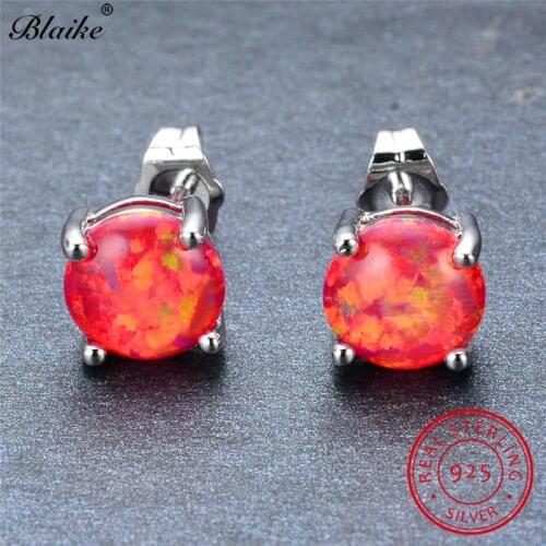 Solid s925 Sterling Silver Earrings Red Orange Fire Opal Earrings For Women Rainbow Round Stone Stud Earrings Wedding Jewelry