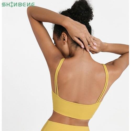 SHINBENE DOUBLE STRAPS Push Up Fitness Yoga Sports Bras Tops Women Padded Plain Wokrout Gym Bras Crop Top Athletic Brassiere