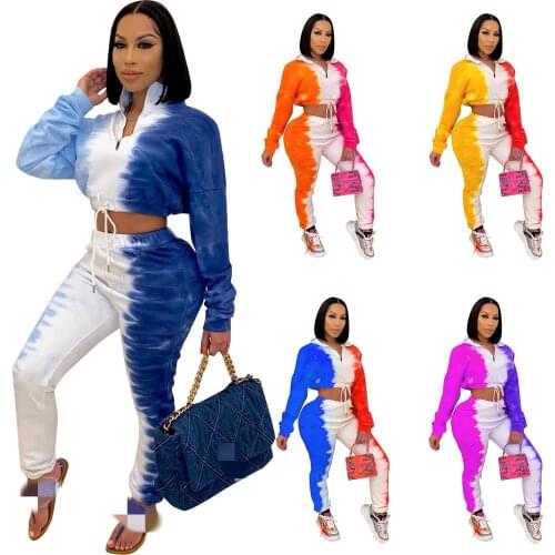 2021 Autumn Long Sleeve Women Two Pieces Sets Gradient Tie-Dye Printing Stand Neck Zipper Short Tops High Waist Pants Tracksuits
