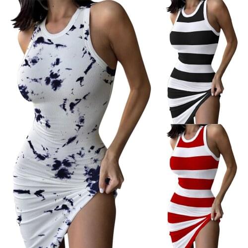 Womens Summer Sexy Tie Dye Print Sleeveless Ruched O-neck Buttocks Dress Casual Stripe Bodycon Mini Tank Dresses Платье Летнее