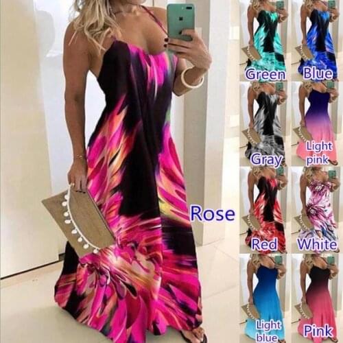 Womens Fashion Summer Sling Flower Printed Colorful Dresses Sleeveless Floral Print Sling Dress Deep V-Neck Beach Skirts