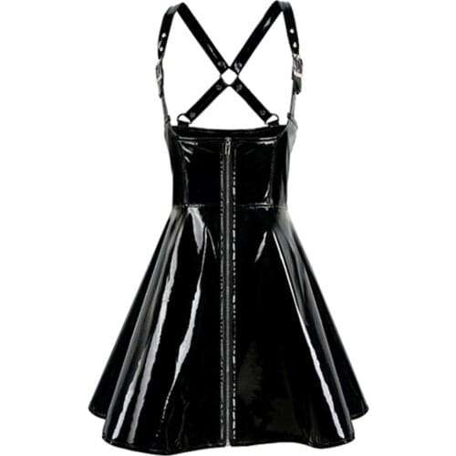 S-XXL Sexy Black Wet Look PVC Latex Pleated Dress Vinyl Zipper Adjustable Button Shiny Clubwear Bodycon Mini Dress