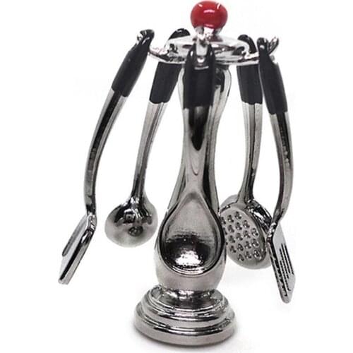 6Pcs/Set 1/12 Dollhouse Alloy Kitchen Utensils Spoon Spatula Hanging Rack Toy Dollhouse Accessories Realistic with Hanging Rack