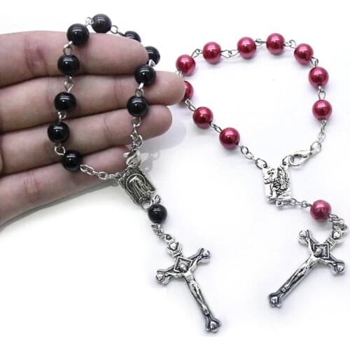 8mm Imitation Pearls Rosary Beaded Bracelet Virgin Christ Cross Pendant Bracelet Religious Catholic Paryer Blessing Jewelry