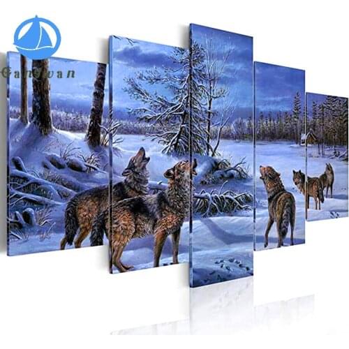 Diamond painting animal Roaring wolf mural 5pcs DIY full square/round Rhinestone mosaic cross stitch snow forest view home decor