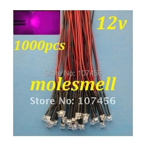 Free shipping 1000pcs 5mm Flat Top pink LED Lamp Light Set Pre-Wired 5mm 12V DC Wired 5mm 12v big/wide angle pink led