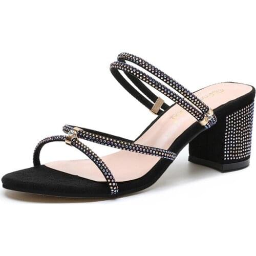 Glitter crystal narrow band gladiator sandals full rhinestone thick heels women slippers 2 wear slip on slides 2020 summer shoes