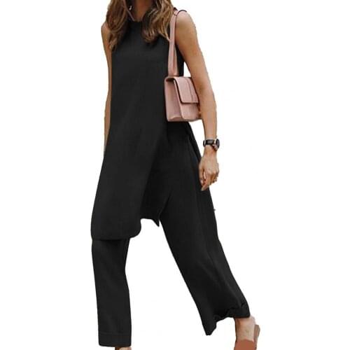 2Pcs/ Set Summer Fashion Woman Pant Sets Pants Sleeveless Round Neck Female Split Blouse Wide Leg Pants Women Clothing for Work