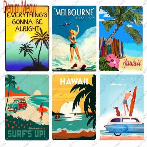 California Beach Metal Sign Landscape Hawaii Relax Metal Wall Sign Pub Pacific Ocean Happy Place Surfing Girl Home Decor WY166